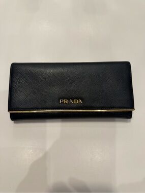 Prada Black Saffiano Leather Continental Wallet with Gold Logo